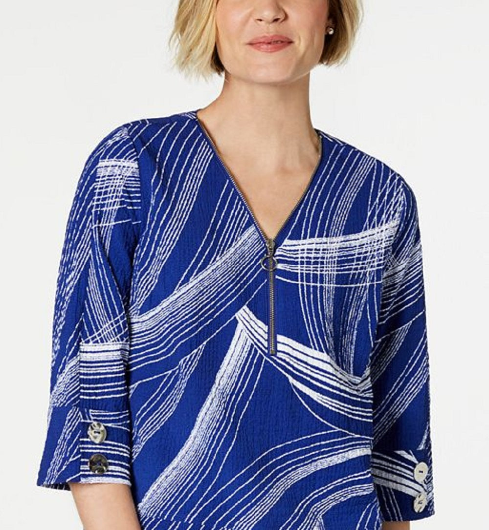JM Collection Women's Printed Zip Front Crinkle Texture Top Blue Size XX-Large
