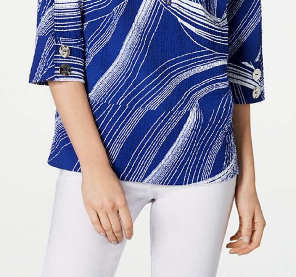 JM Collection Women's Printed Zip Front Crinkle Texture Top Blue Size XX-Large