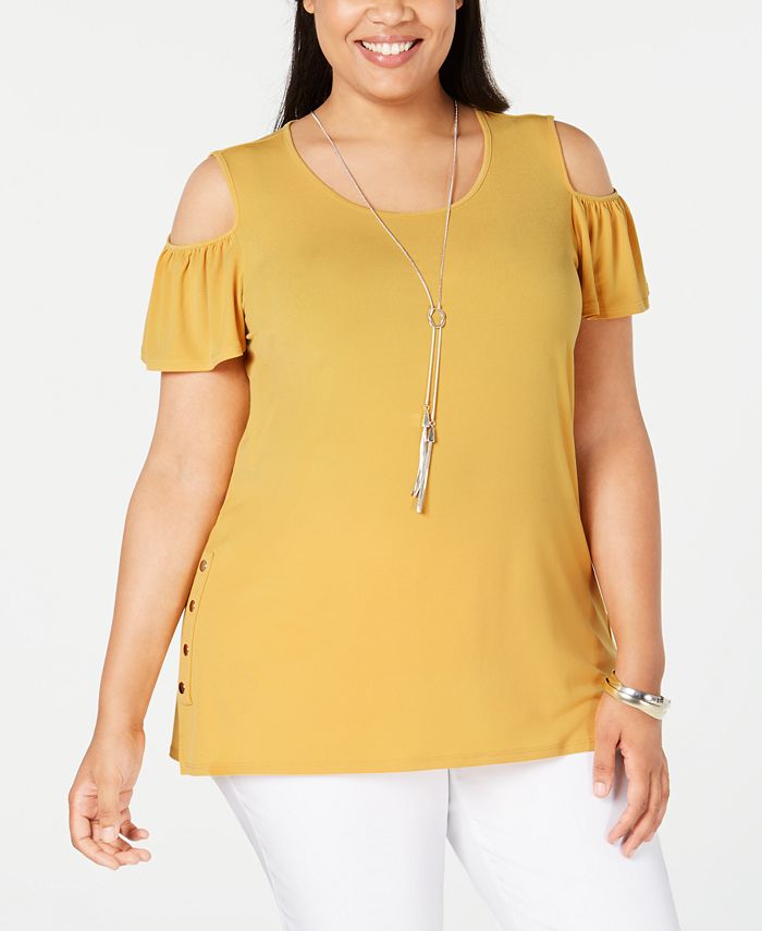 JM Collection Women's Plus Flutter Sleeve Cold-Shoulder Necklace Top Yellow Size 3X