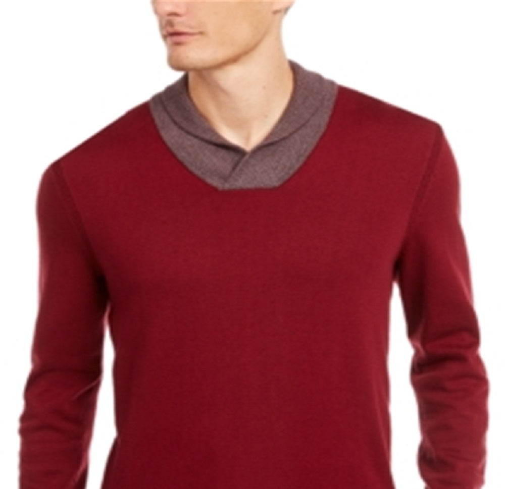 Tasso Elba Men's Contrast Shawl Collar Supima Cotton Sweater Red Size Medium