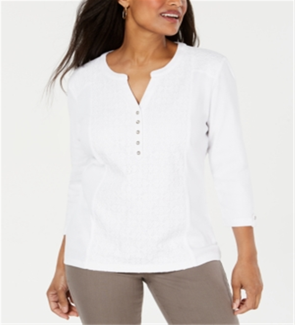 Karen Scott Women's Lace Front Henley Top White Size Medium