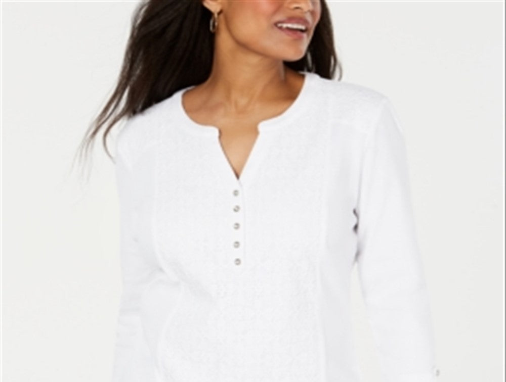 Karen Scott Women's Lace Front Henley Top White Size Medium