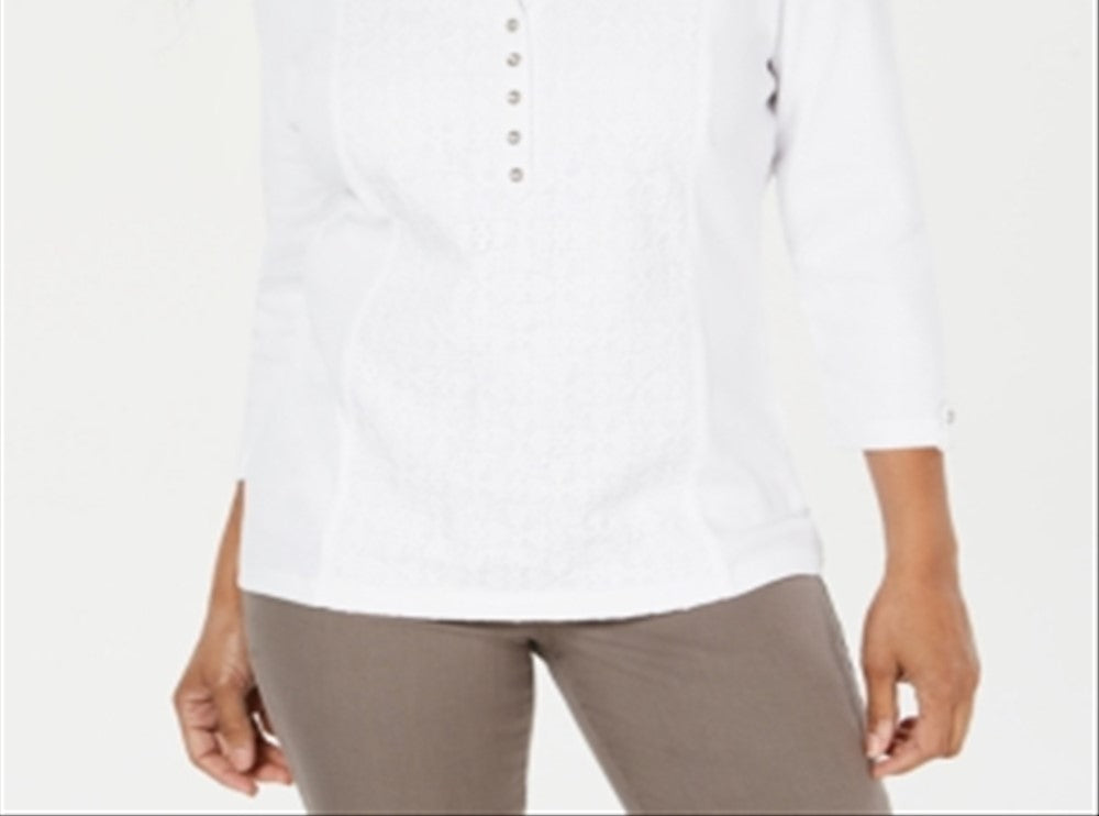 Karen Scott Women's Lace Front Henley Top White Size Medium
