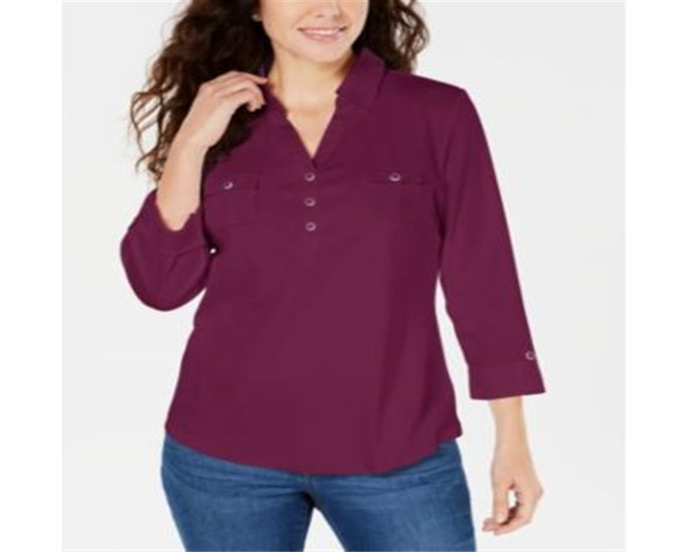 Karen Scott Women's Cotton Johnny Collar Utility Shirt Purple Size Medium