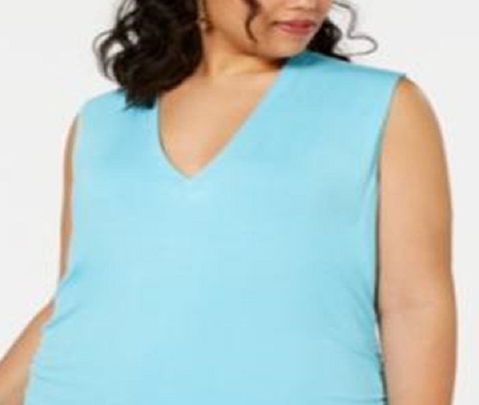 INC International Concepts Women's Plus Ruched V Neck Tank Top Blue Size 1X