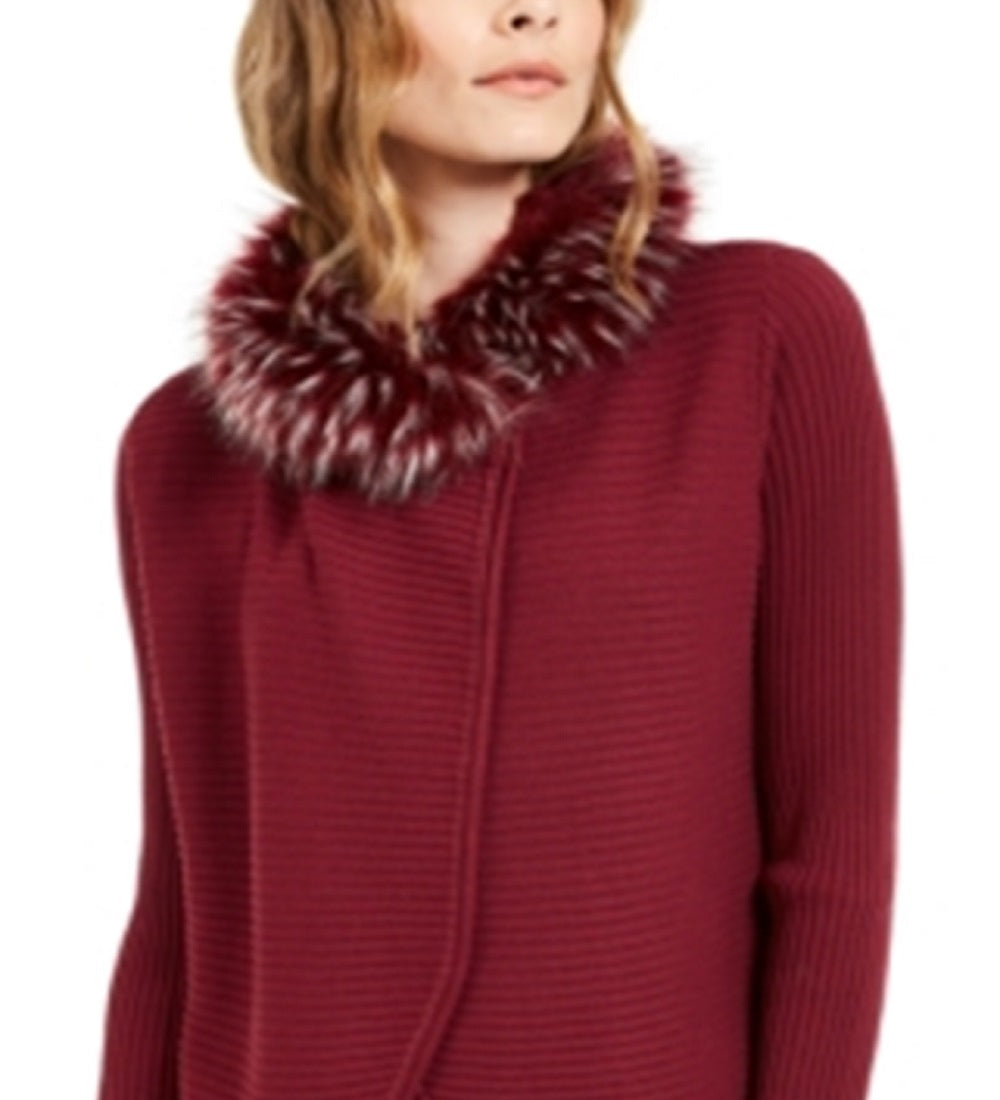 Alfani Women's Faux Fur Trim Cardigan Red Size Small