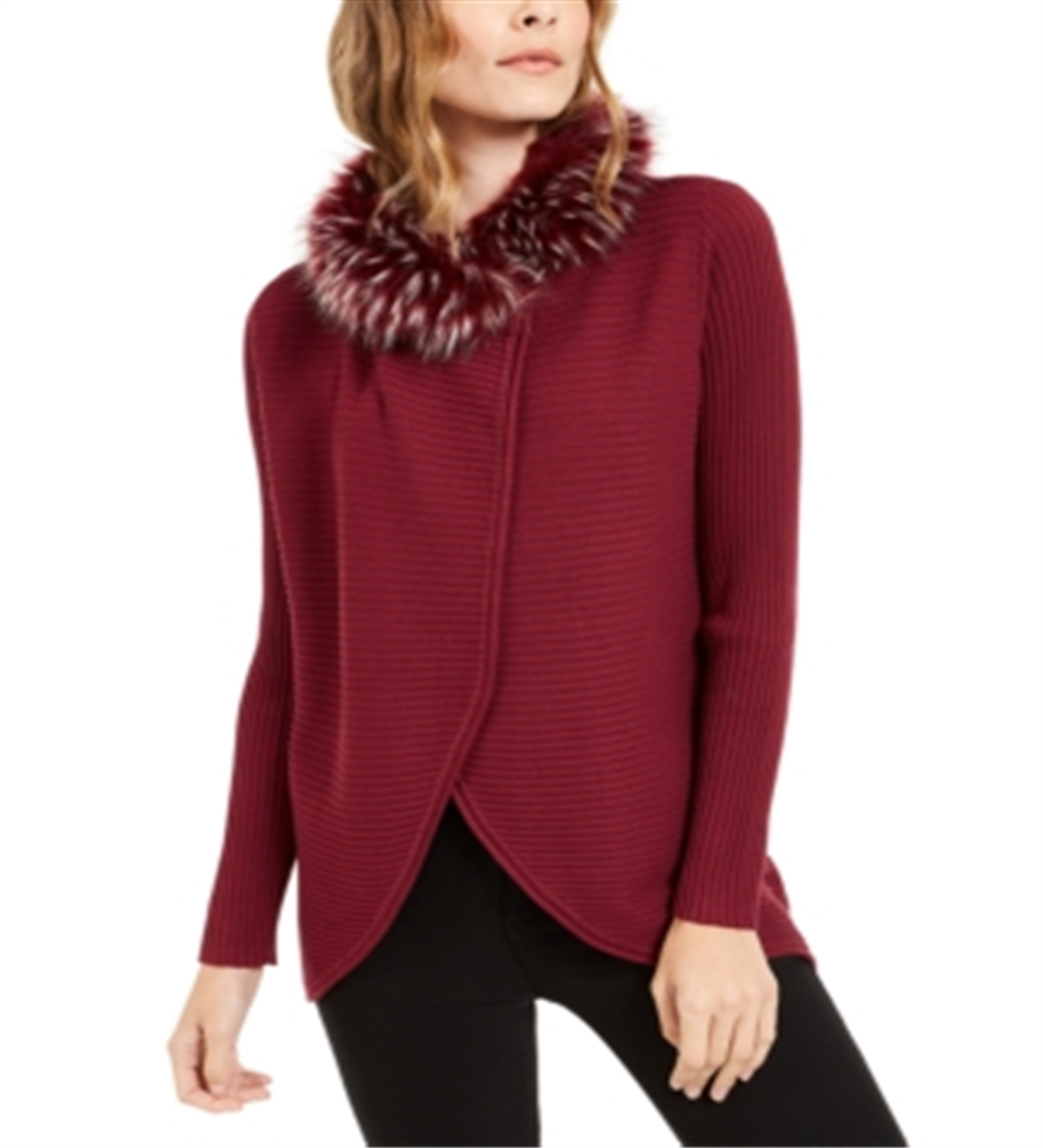 Alfani Women's Faux Fur Trim Cardigan Red Size Small