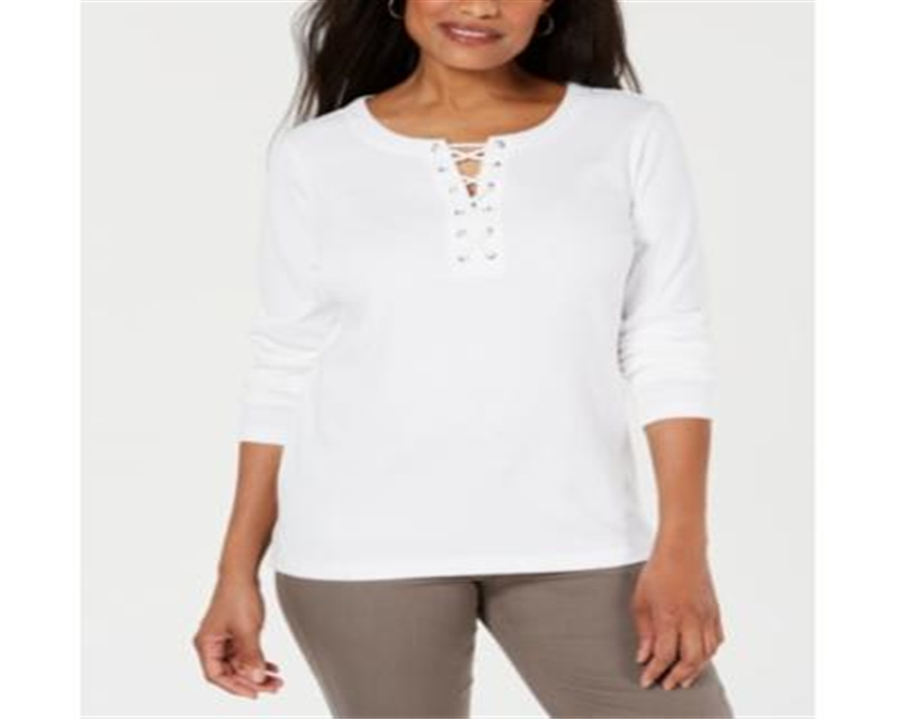 Karen Scott Women's Cotton Lace up Top White Size XX-Large