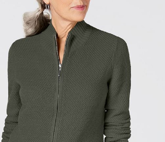 Karen Scott Women's Textured Zip Front Cardigan Green Size Small