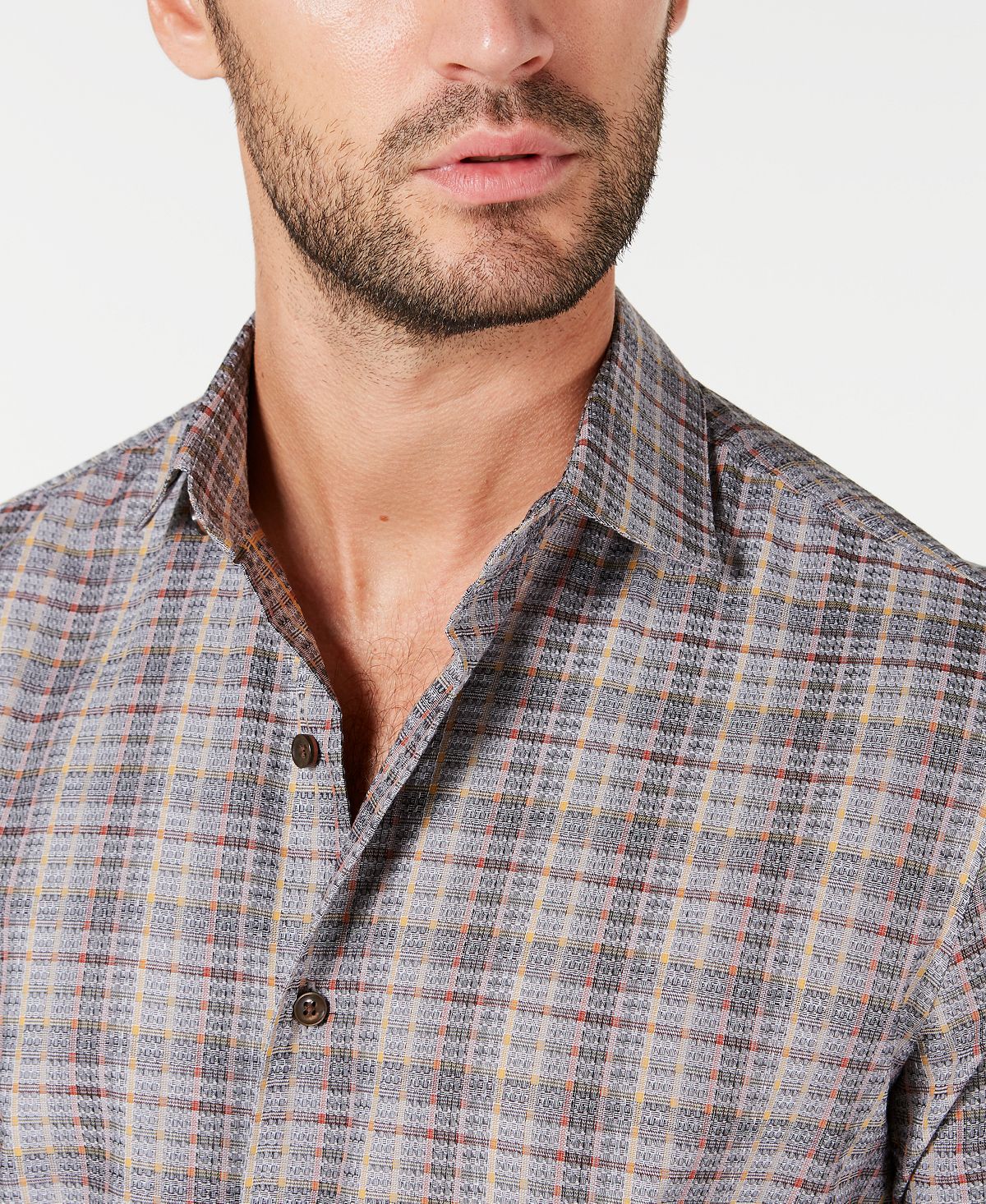 Tasso Elba Men's Cotton Check Print Button Down Shirt Gray Size Medium