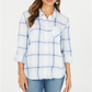 Style & Co Women's Cotton Tab Sleeve Plaid Shirt Blue Size Petite M