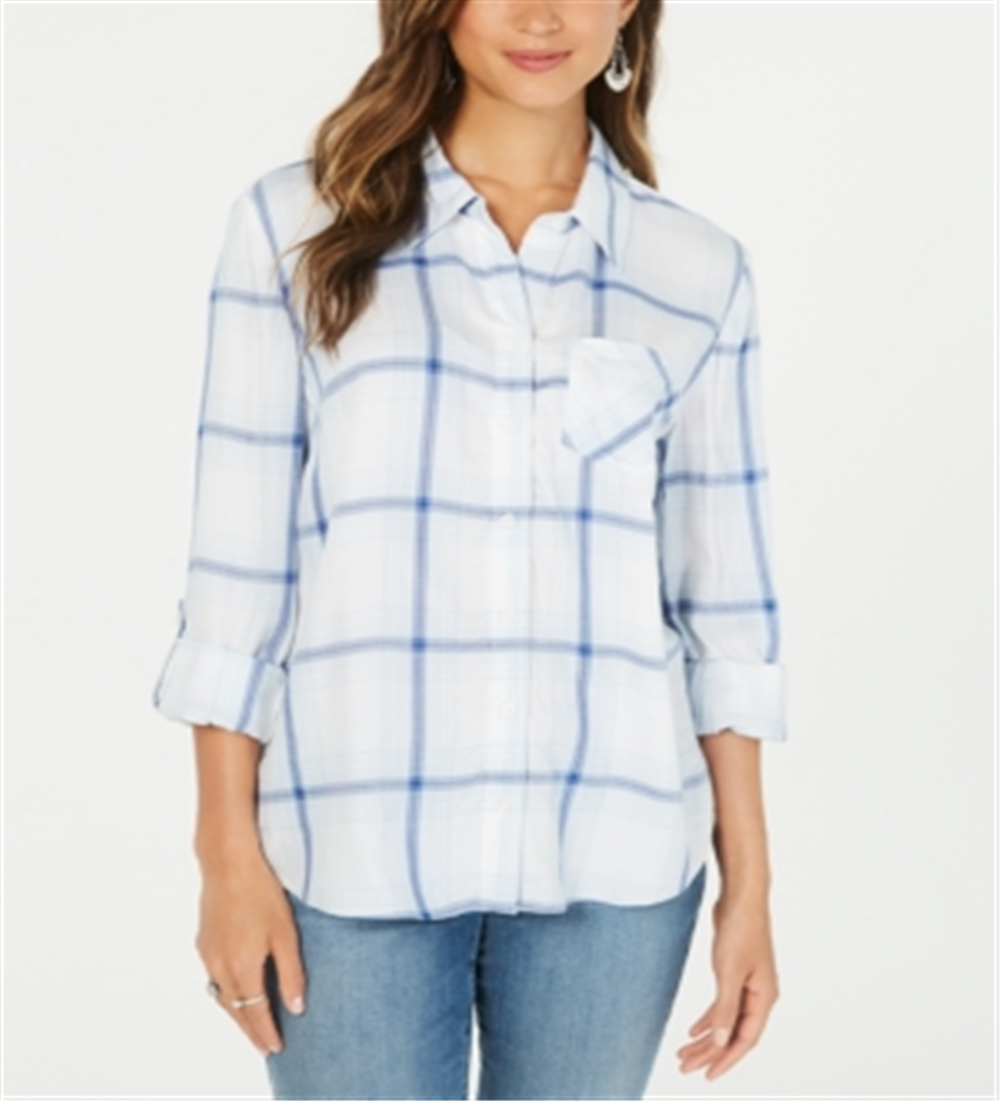 Style & Co Women's Cotton Tab Sleeve Plaid Shirt Blue Size Petite M