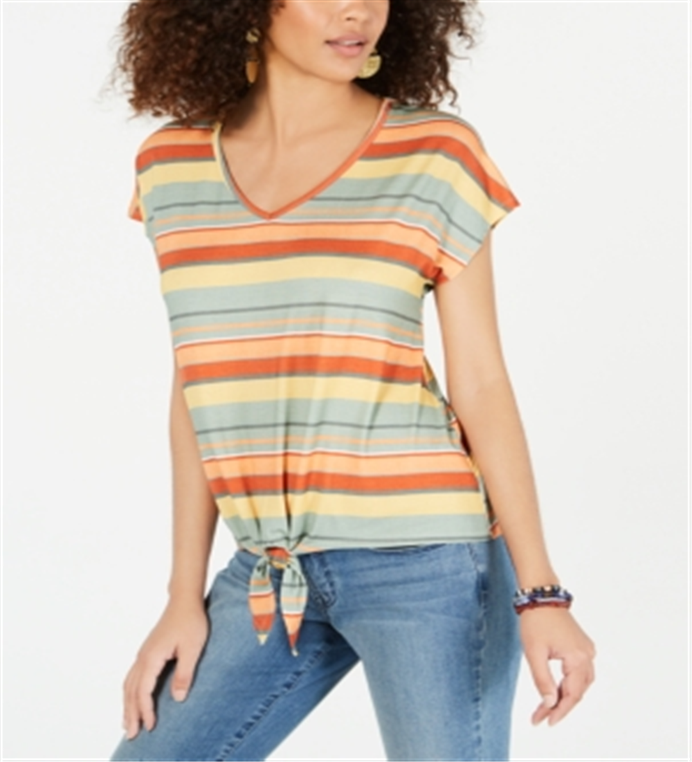 Style & Co Women's Striped Tie Front T-Shirt Coral Size XL