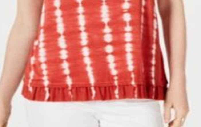 Style & Co Women's Tie Dye Ruffle Hem Top Stripe Dye Orange Size Petite X-Small