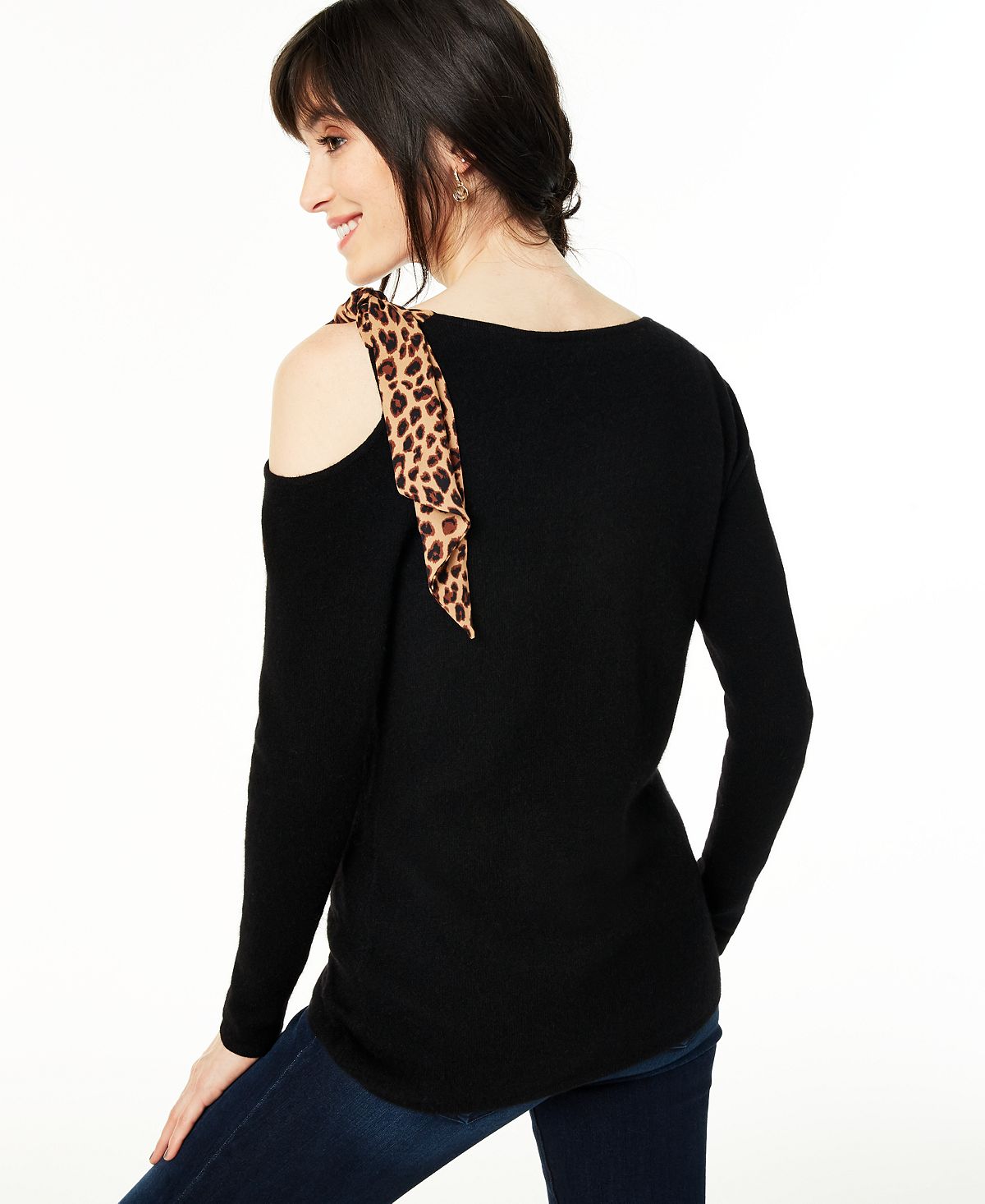 Charter Club Women's Cashmere Cold Shoulder Contrast Tie Sweater Black Size Petite L