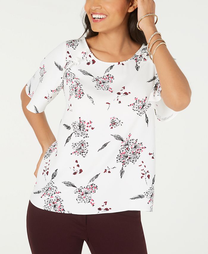 Alfani Women's Printed Ruffle Trim Top White Size Petite