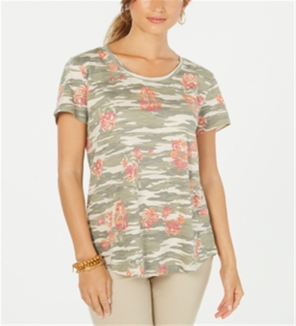Style & Co Women's Cotton Printed Scoop Neck Top Green Size Medium