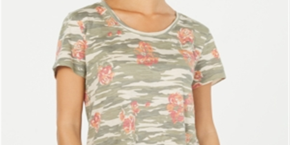 Style & Co Women's Cotton Printed Scoop Neck Top Green Size Medium
