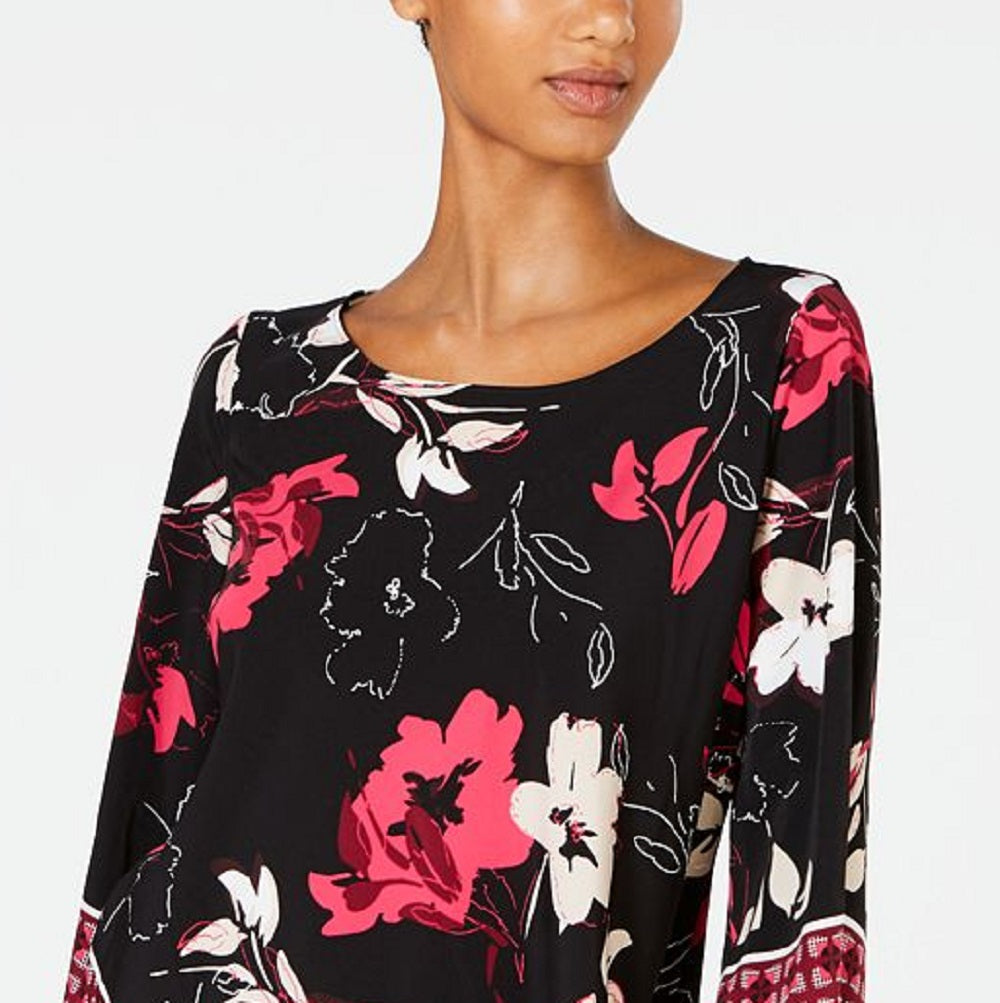Alfani Women's Tunic Floral Print V Hem Blouse Black Size Large