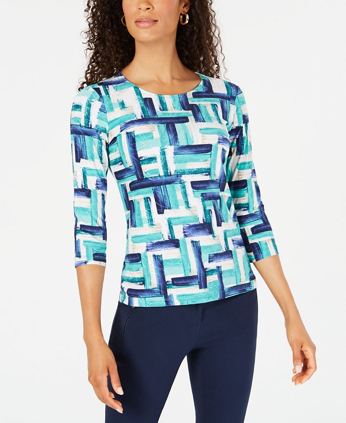 JM Collection Women's Printed Jacquard Top -Dark Blue Size XXL
