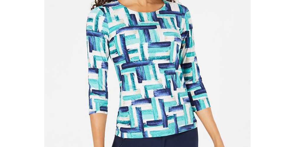 JM Collection Women's Printed Jacquard Top -Dark Blue Size XXL