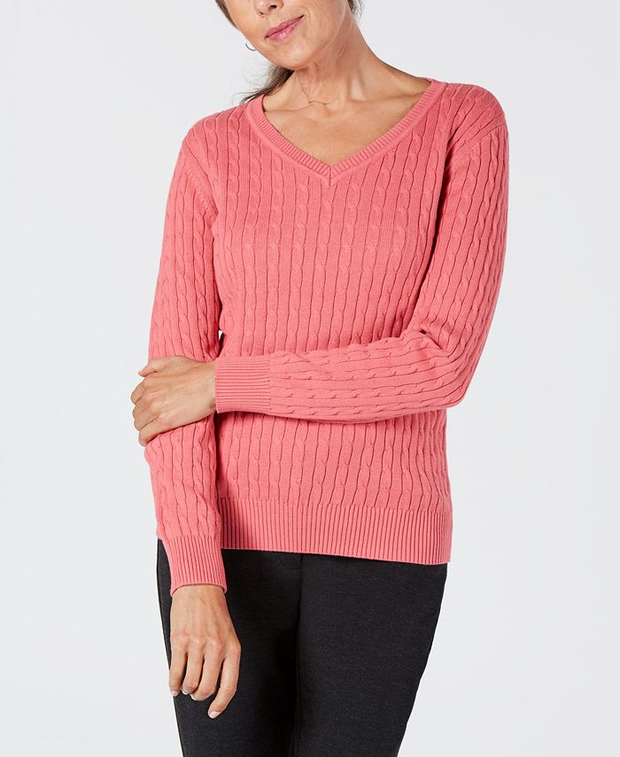Karen Scott Women's Solid Cable Knit V Neck Sweater Pink Size XX-Large