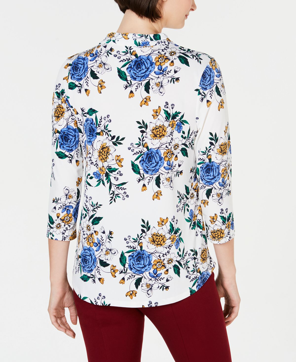 Charter Club Women's Floral Print V Neck Top White Size Small