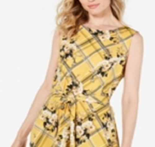 Charter Club Women's Belted Mixed Print Dress Yellow Size Small