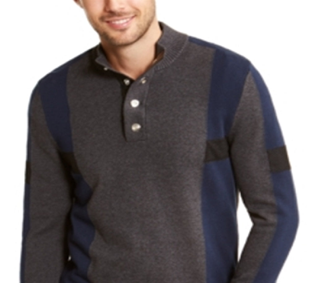 INC International Concepts Men's Sweater Colorblocked Snap Henley Pullover Grey Size Large