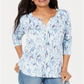 Karen Scott Women's Printed Split Neck Top Blue Size X-Small