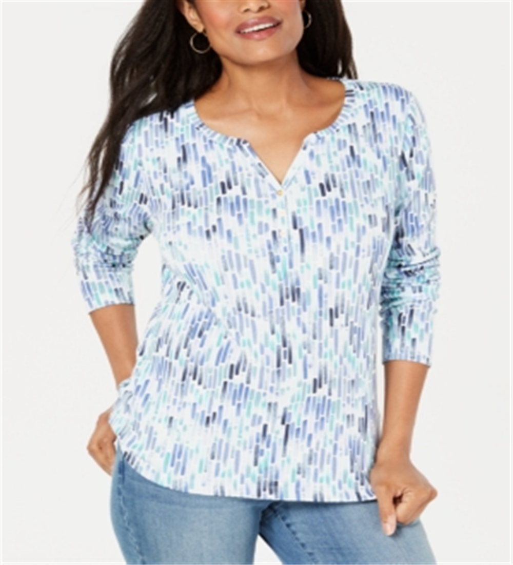 Karen Scott Women's Printed Split Neck Top Blue Size X-Small