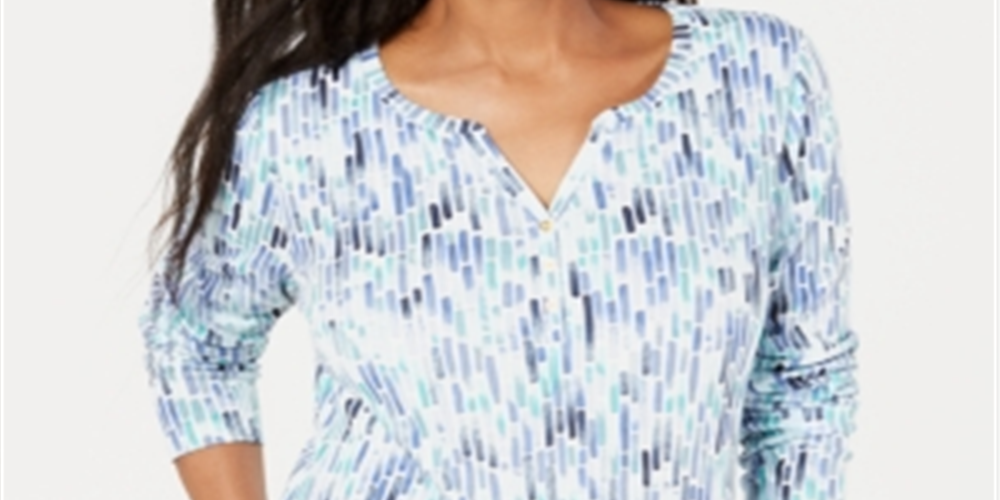 Karen Scott Women's Printed Split Neck Top Blue Size X-Small
