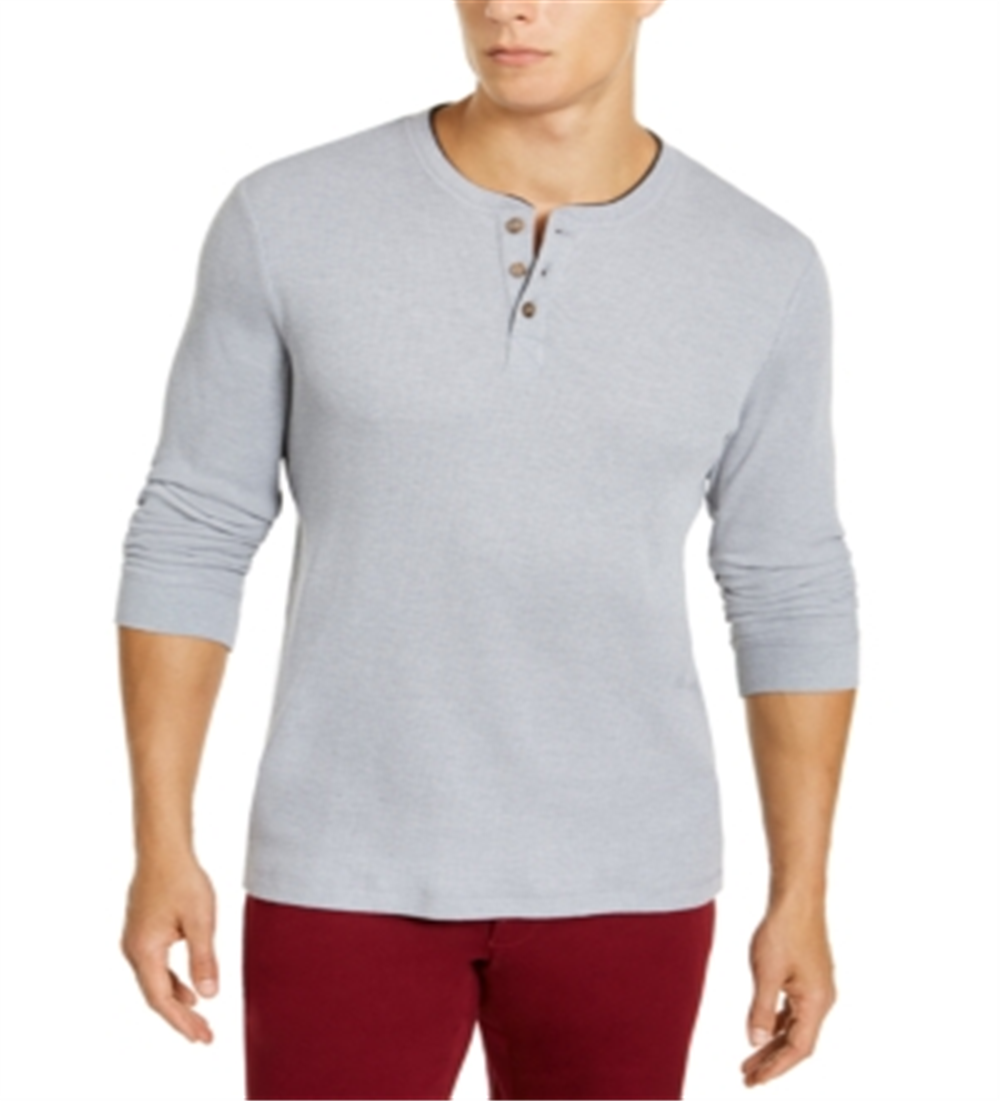 Club Room Men's Waffle Knit Crewneck Henley Shirt Gray Size Medium