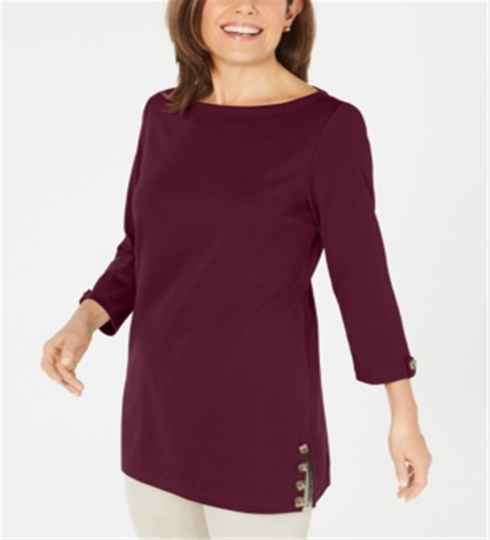Karen Scott Women's Button Side 3/4 Sleeve Cotton Top Wine Size Small