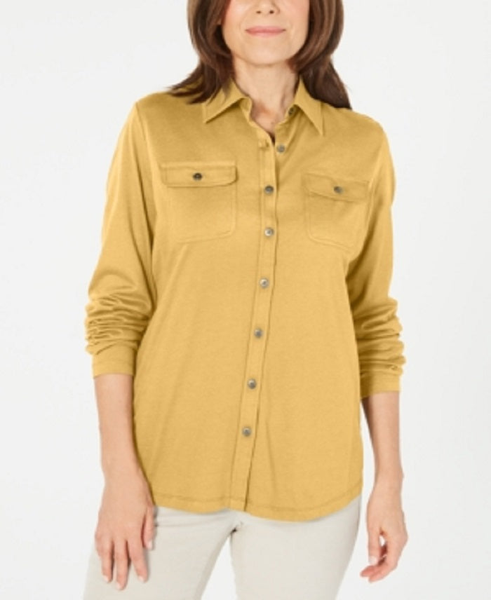 Karen Scott Women's Mixed Media Button Front Top Brown Size Small