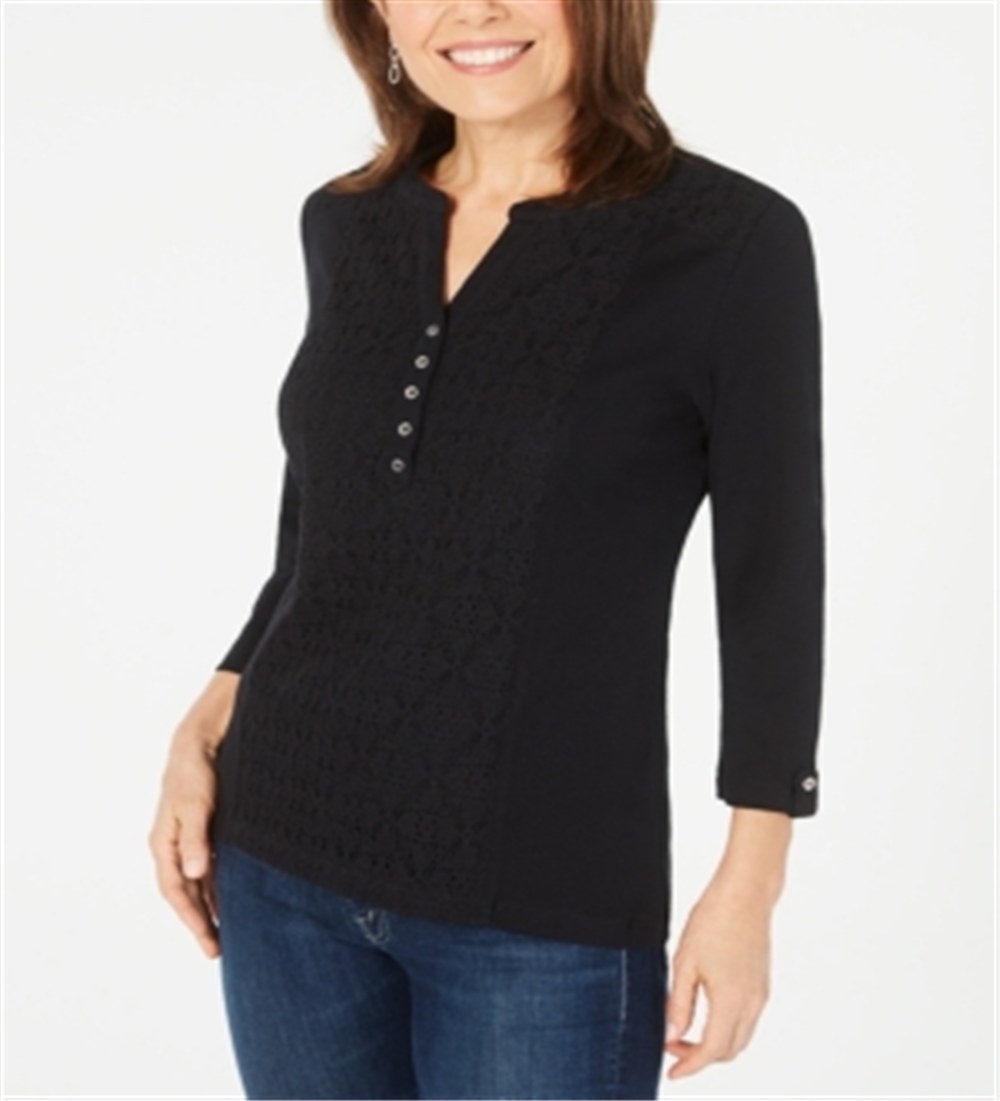 Karen Scott Women's Eyelet Front Cotton Henley Top Black Size Petite