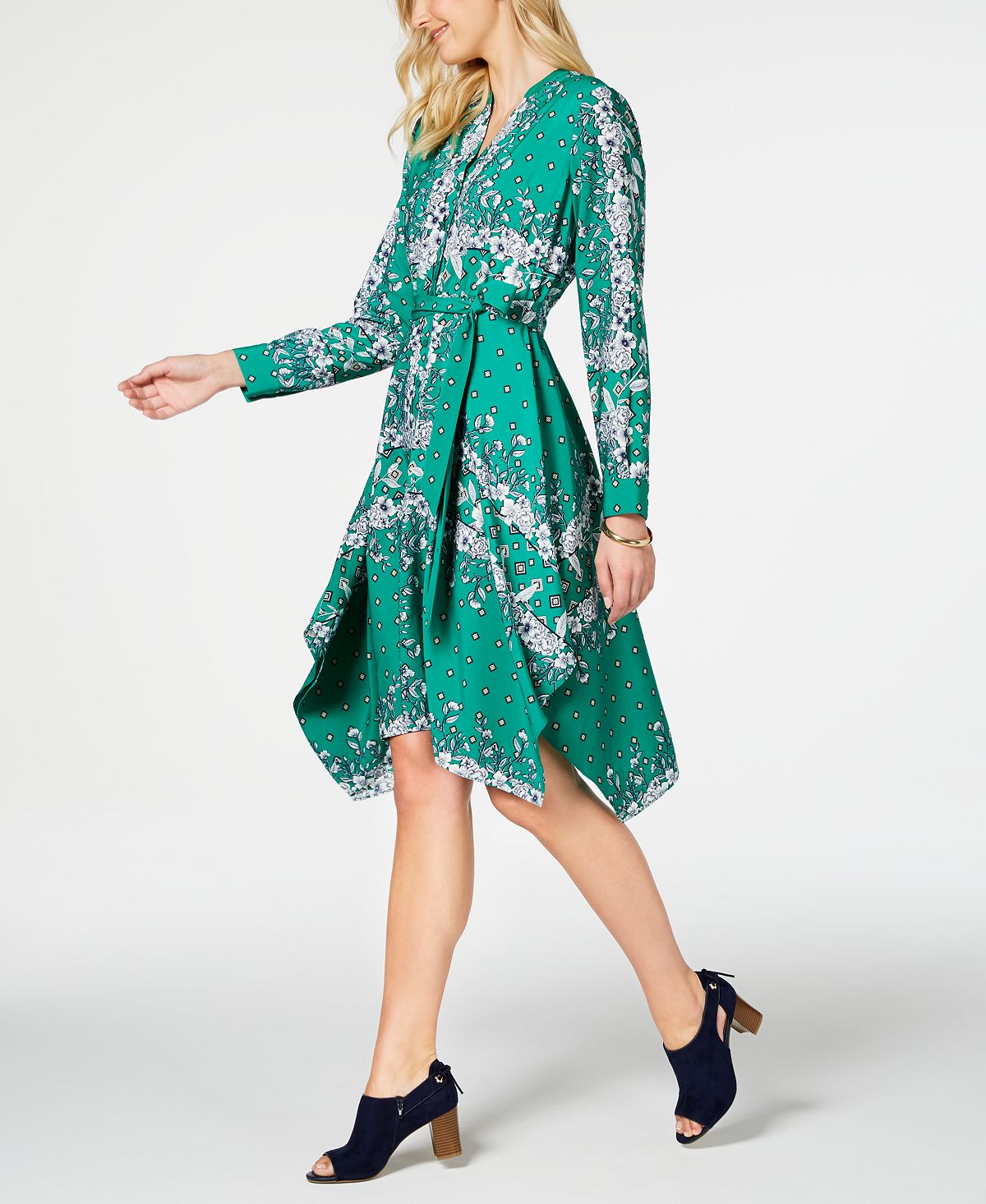 Charter Club Women's Printed Handkerchief-Hem Shirtdress Green Size Petite Medium