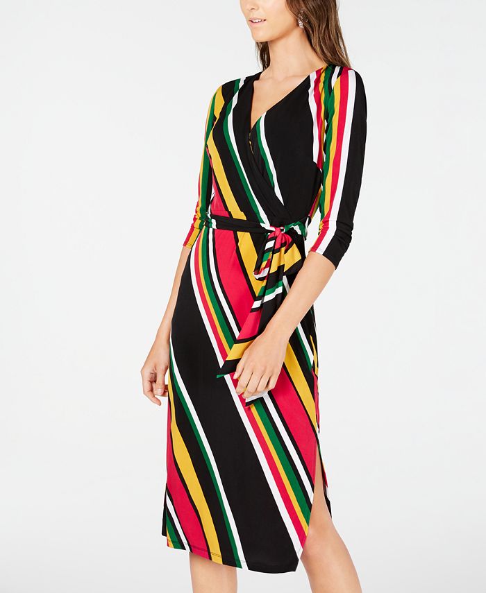 INC International Concepts Women's Belted Striped 3/4 Sleeve V Neck MIDI Sheath Dress Pink Size Large