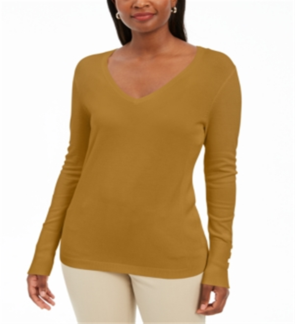 JM Collection Women's Embellished Sleeve V Neck Sweater Yellow Size XX-Large