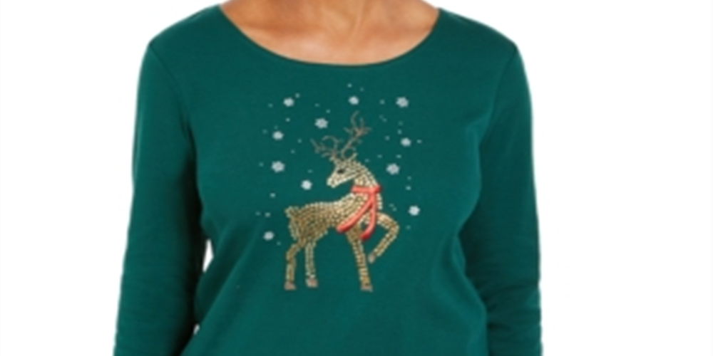 Karen Scott Women's Rhinestone Reindeer Holiday Shirt Green Size X-Small