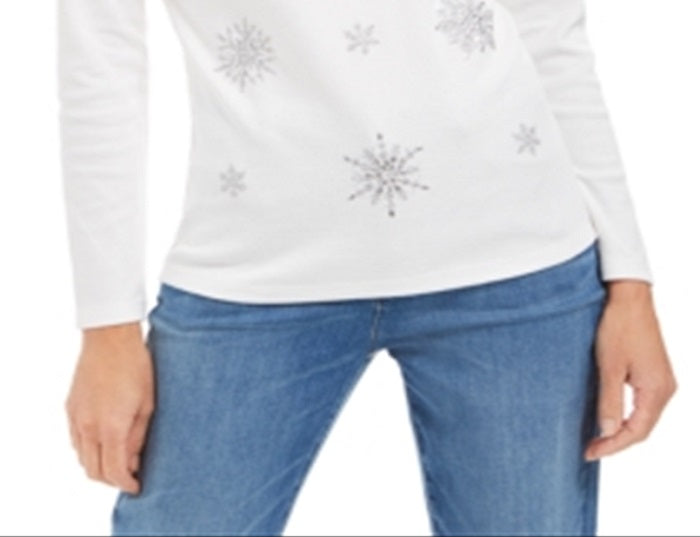 Karen Scott Women's Embellished Snowflake Top White Size Large