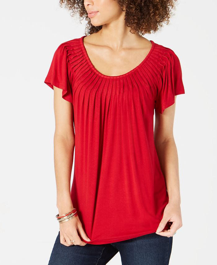Style & Co Women's Flutter Sleeve Pintucked Top Red Size Petite