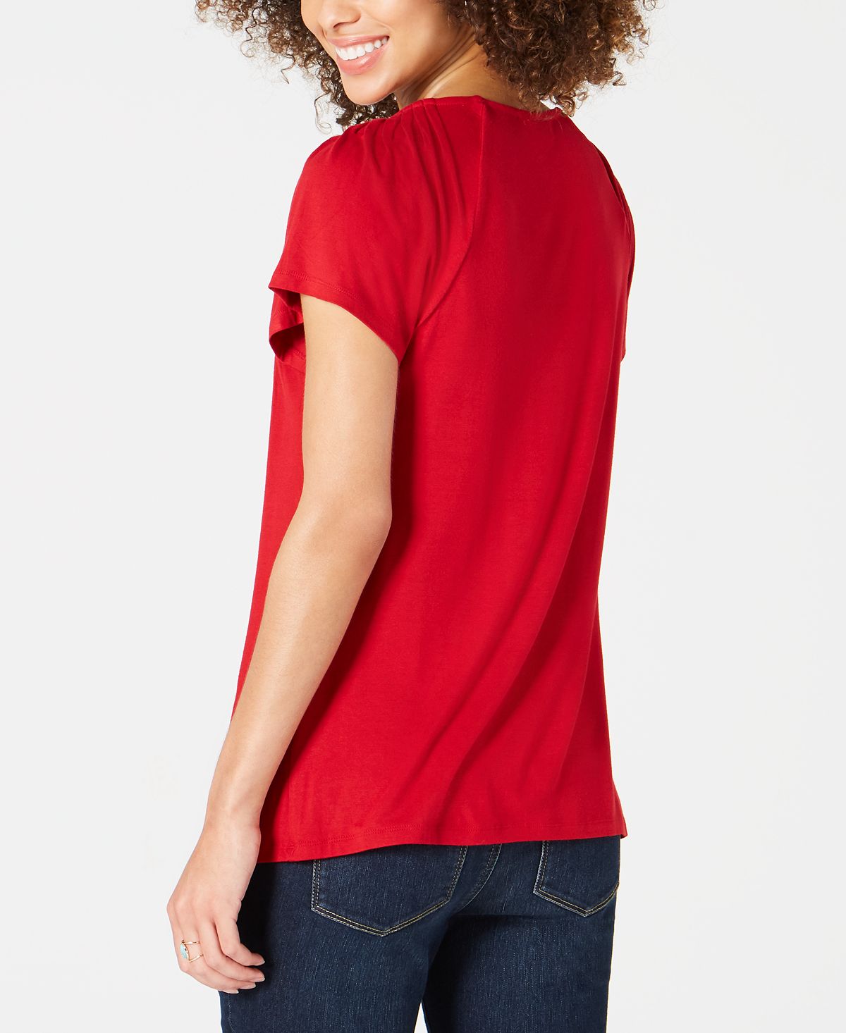 Style & Co Women's Flutter Sleeve Pintucked Top Red Size Petite