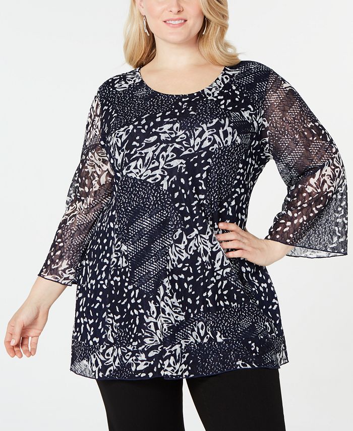 JM Collection Women's Plus Printed Lace Tunic Blue Size 0X