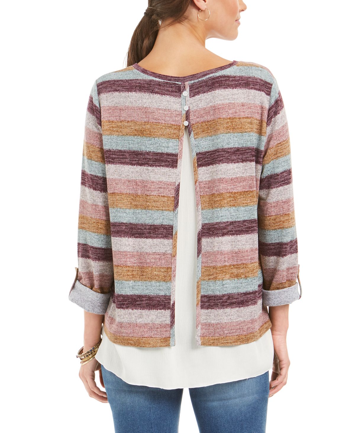 Style & Co Women's Striped Layered Look Sweater Purple Size Petite M