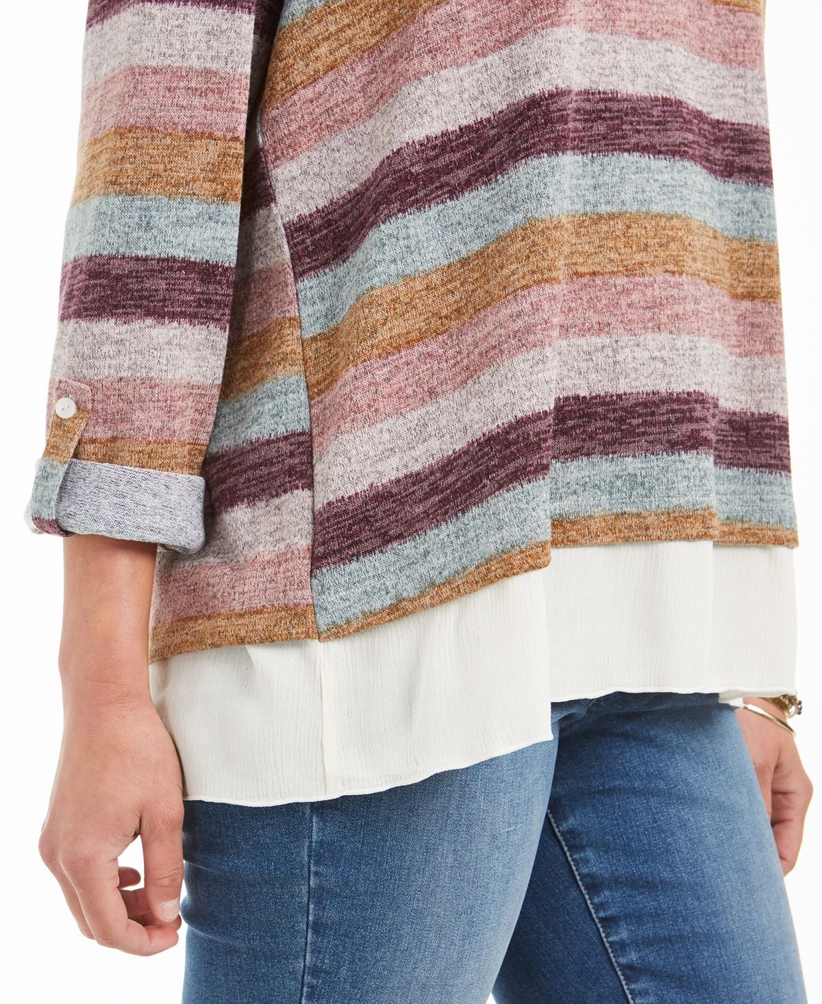 Style & Co Women's Striped Layered Look Sweater Purple Size Petite M