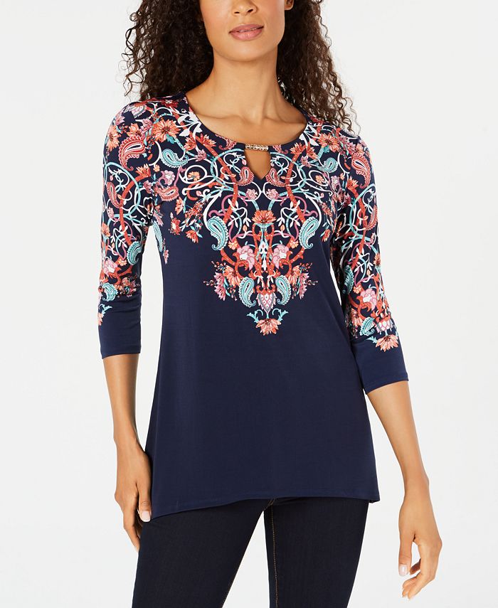 JM Collection Women's Embellished Printed 3/4 Sleeve Top Blue Size X-Small