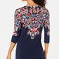 JM Collection Women's Embellished Printed 3/4 Sleeve Top Blue Size X-Small