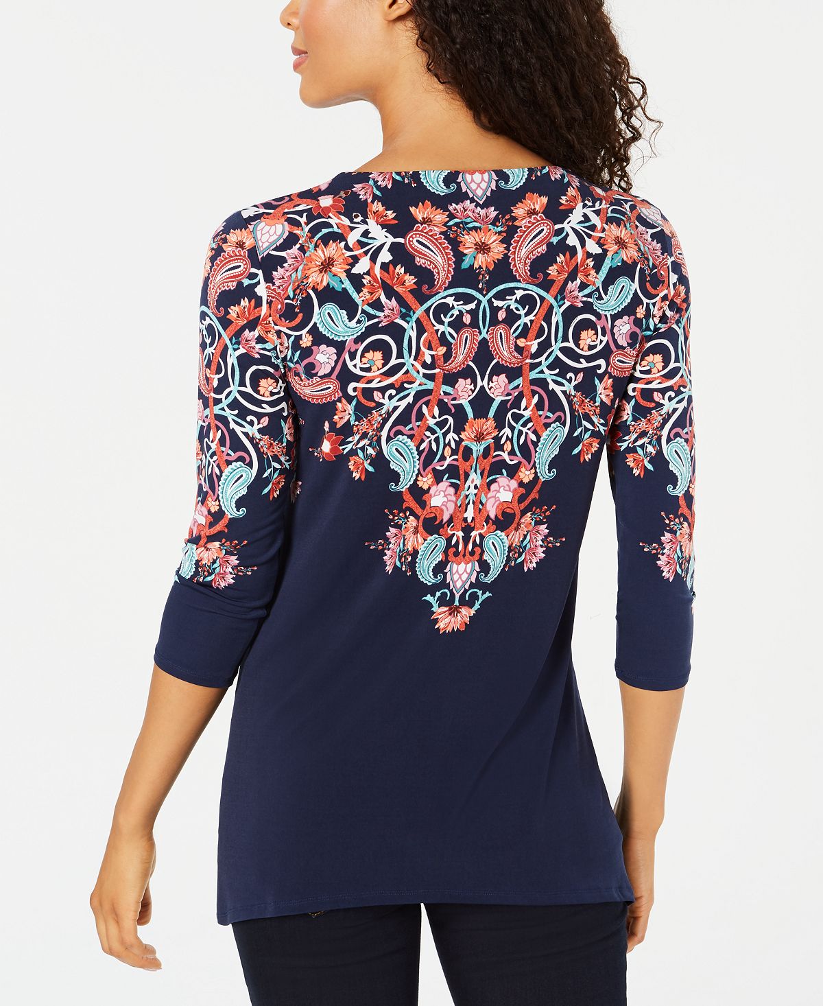 JM Collection Women's Embellished Printed 3/4 Sleeve Top Blue Size X-Small