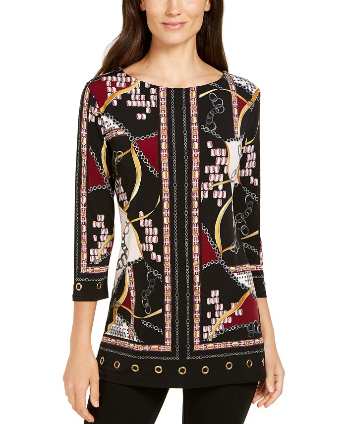 JM Collection Women's Printed Grommet Hem Tunic Black Size Medium